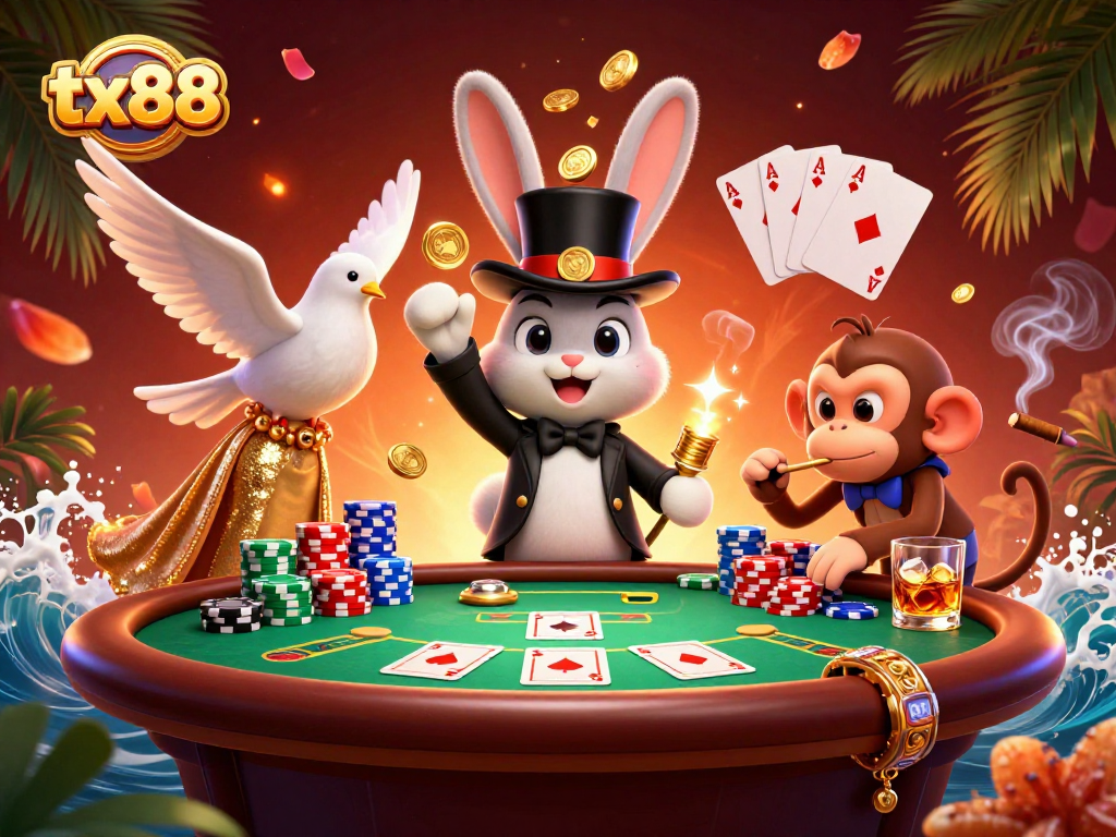 Experience winning moments with tx88 in a vibrant casino scene featuring magical characters and poker excitement.