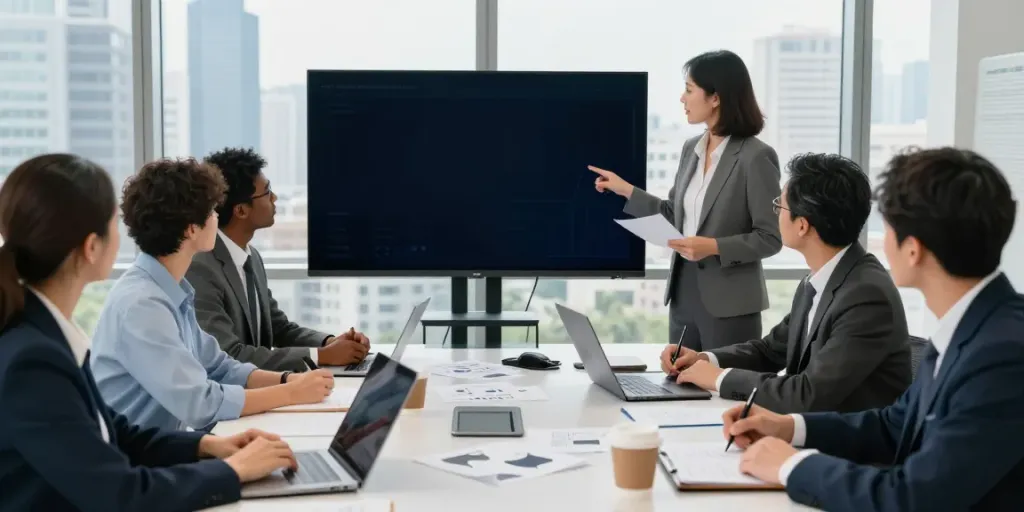 Reunião de profissionais da BPI Empresas discutindo estratégias com gráficos em destaque.