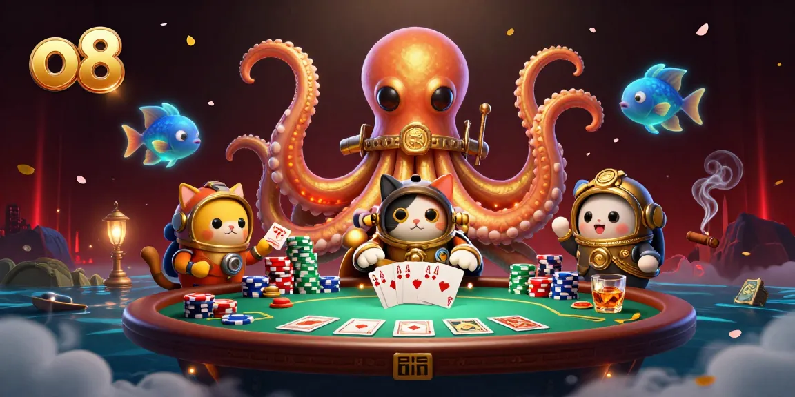 Spin to win at o8's casino with the kraken, diving cat, and vibrant poker elements!