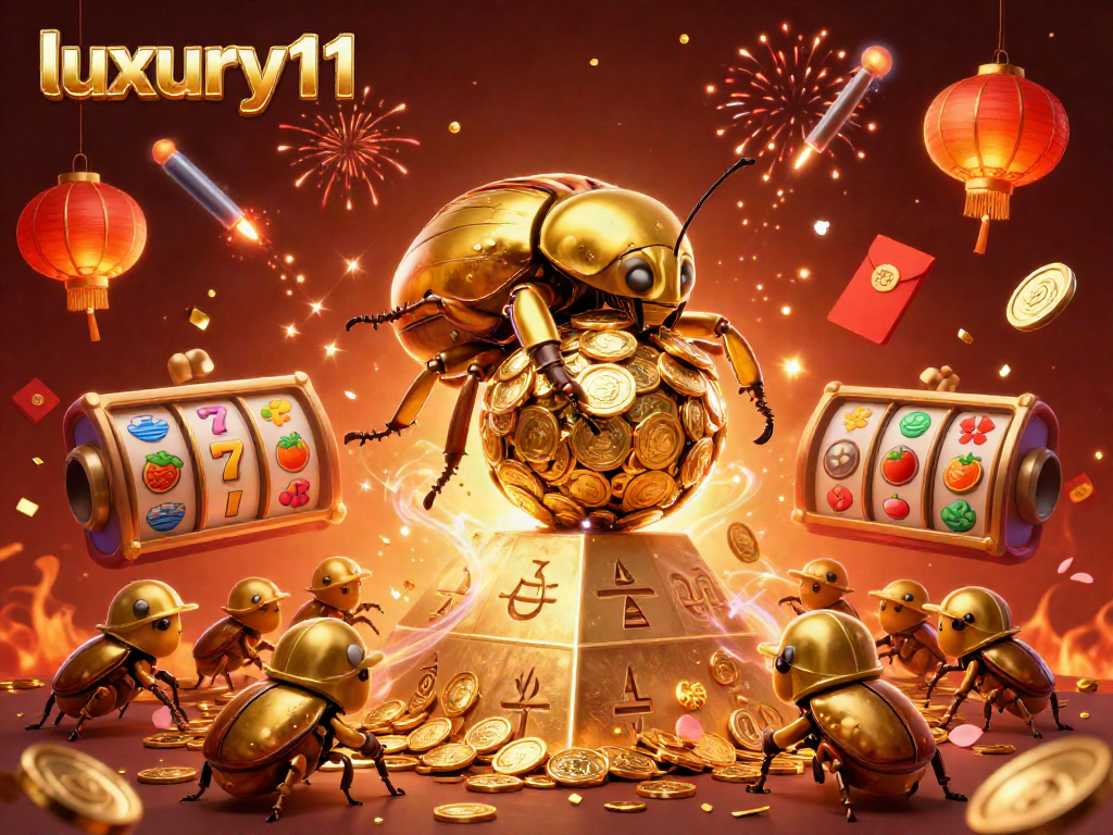 Experience thrilling gameplay with luxury111 in an energetic casino scene with gold coins and festive elements.