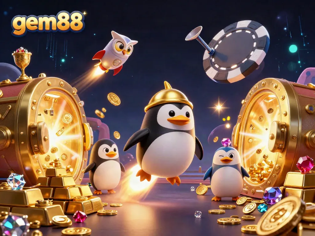 gem88 excitement soars as a golden penguin navigates the casino cosmos filled with treasures