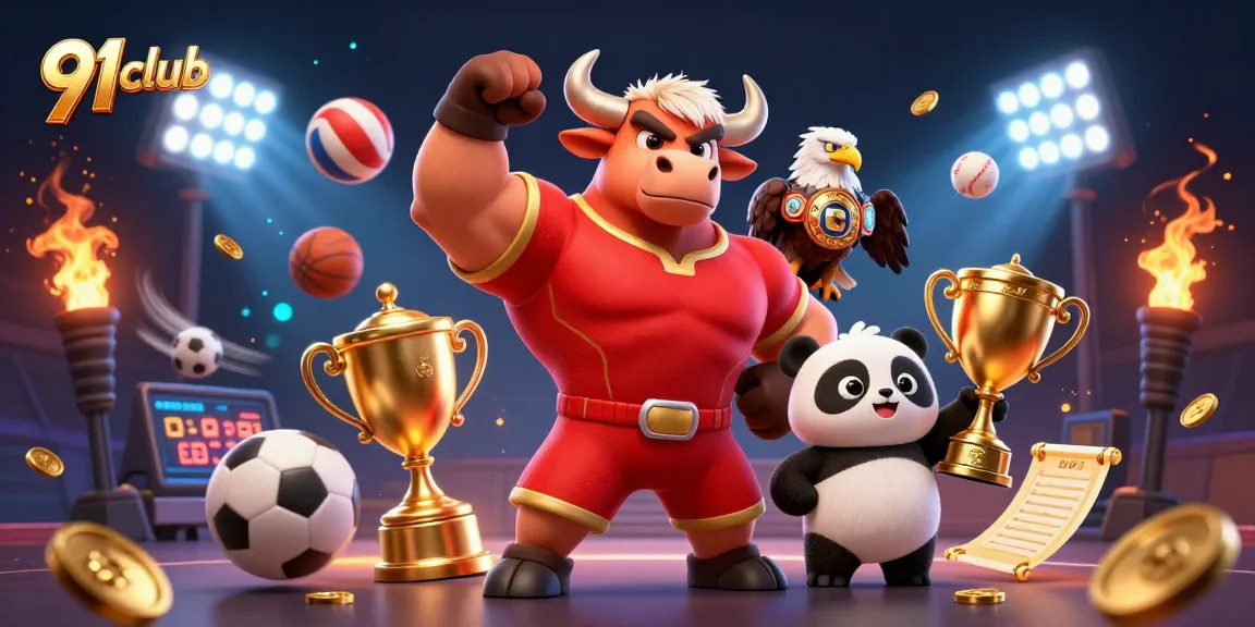 Engage with 91club's thrilling online gaming adventures featuring mascot characters and dynamic sports elements.