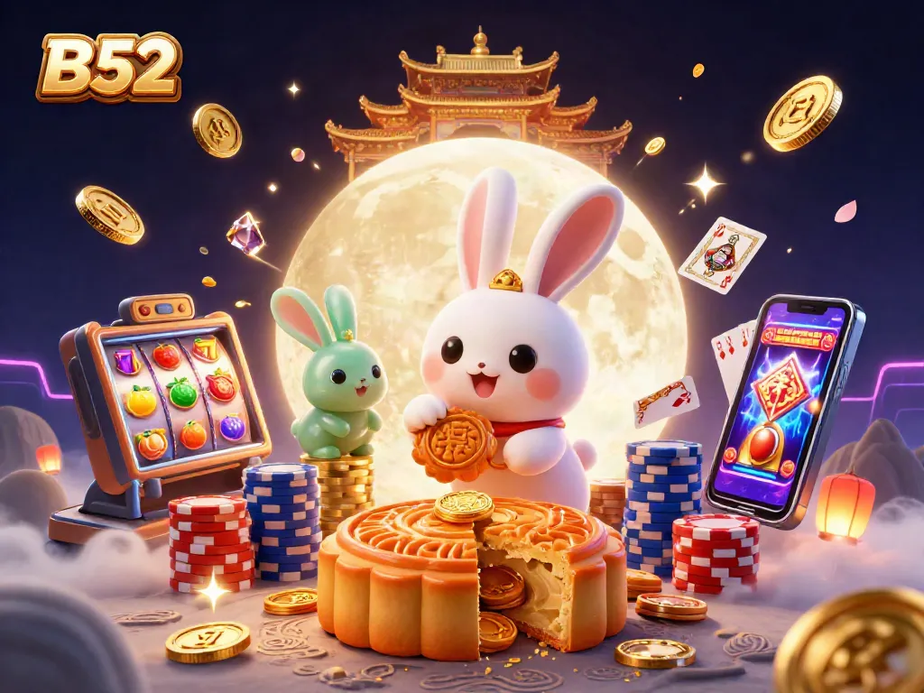 B52 showcases a vibrant casino scene with a moon rabbit and golden slot machine elements.