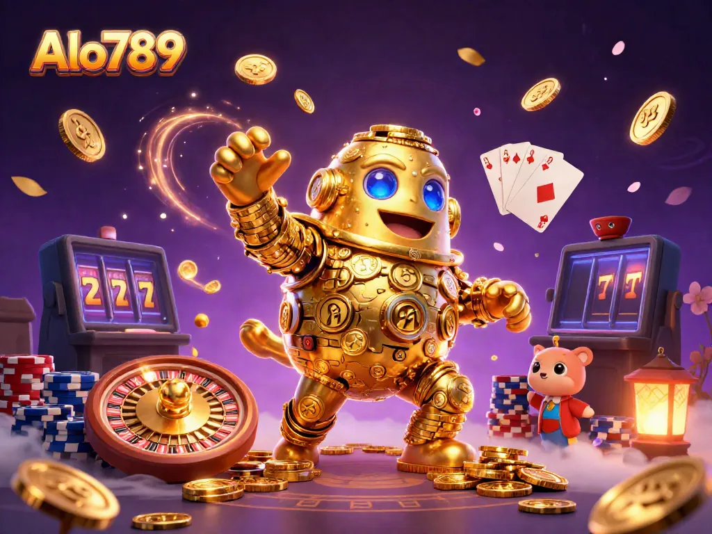 Alo789 showcases thrilling gambling vibes with a golden golem and abundant casino elements.