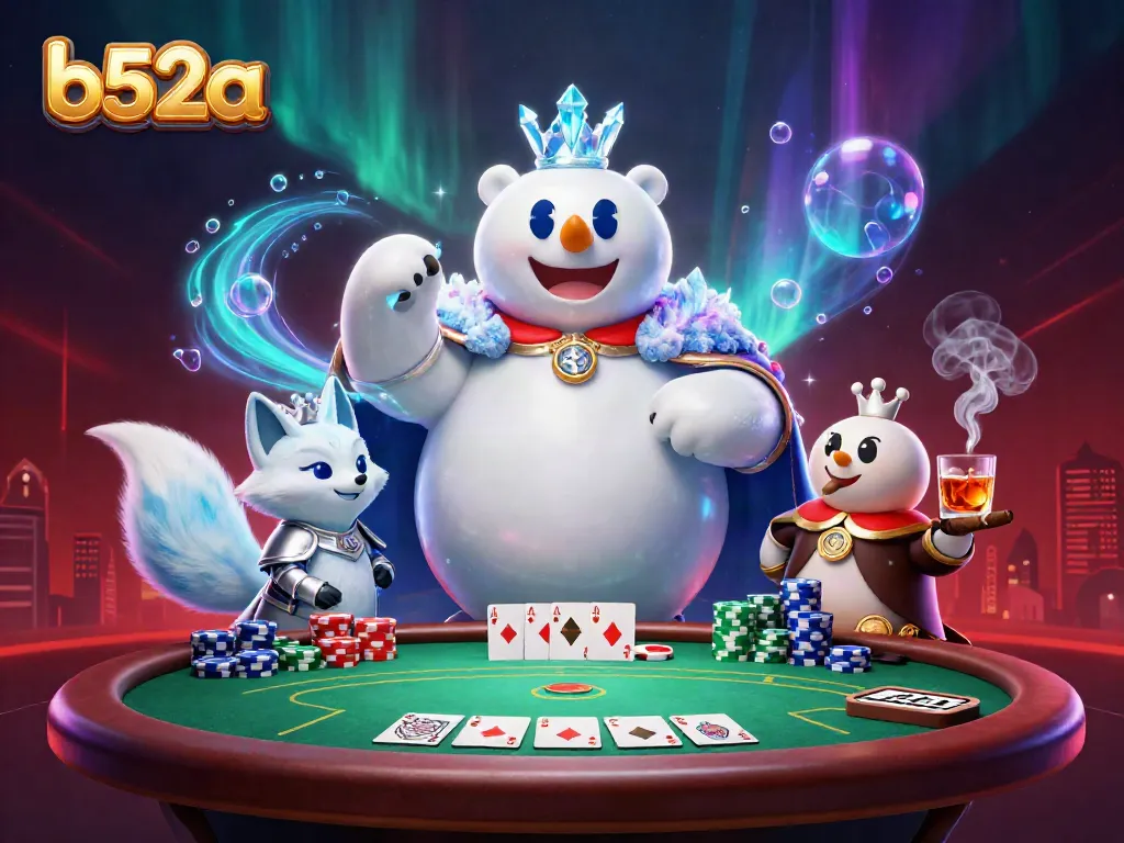 Experience thrilling poker action with b52a featuring a polar bear and snow fox in a vibrant casino scene