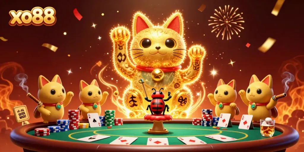 Experience thrilling action at xo88 with a dynamic lucky cat formed by golden fireflies, surrounded by poker elements.