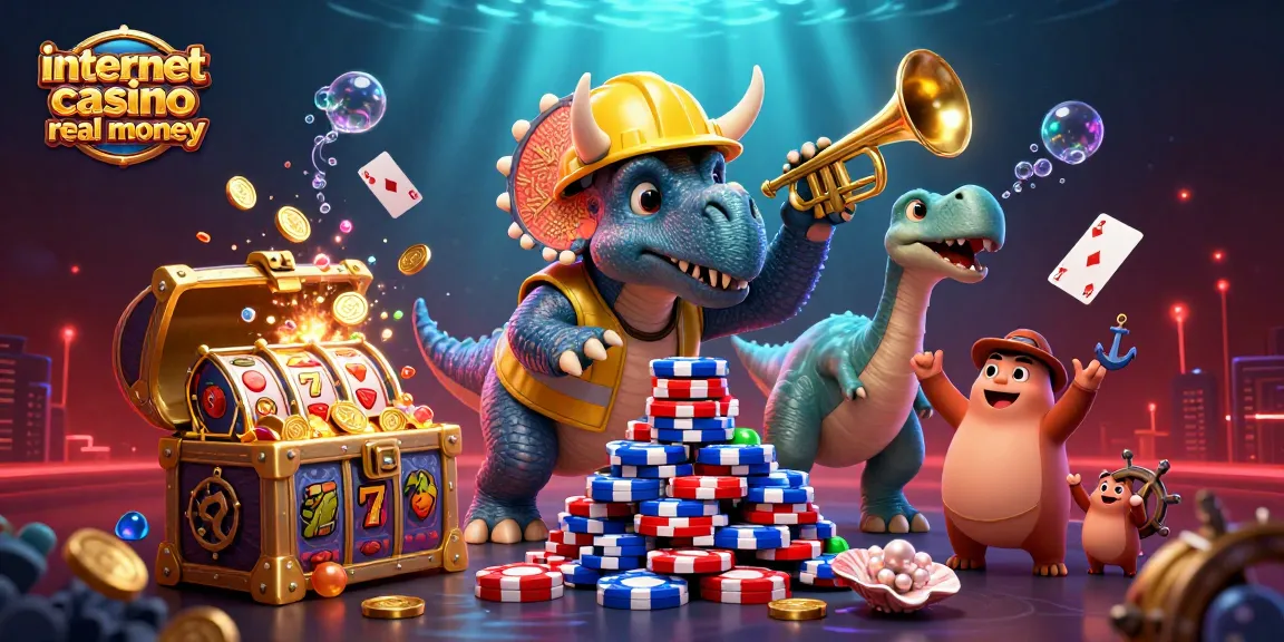 Experience the excitement of internet casino real money with lively triceratops building poker chip pyramids.