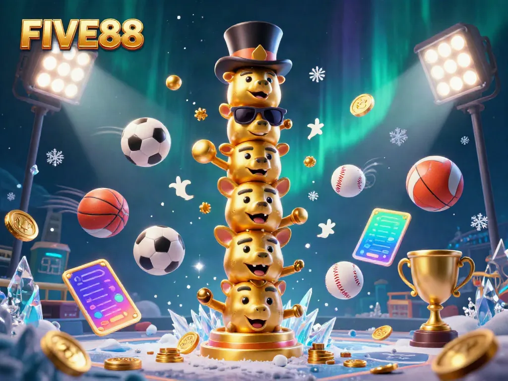 Engage with dynamic gambling elements in this FIVE88-themed 3D illustration showcasing a colorful totem pole and sports symbols.
