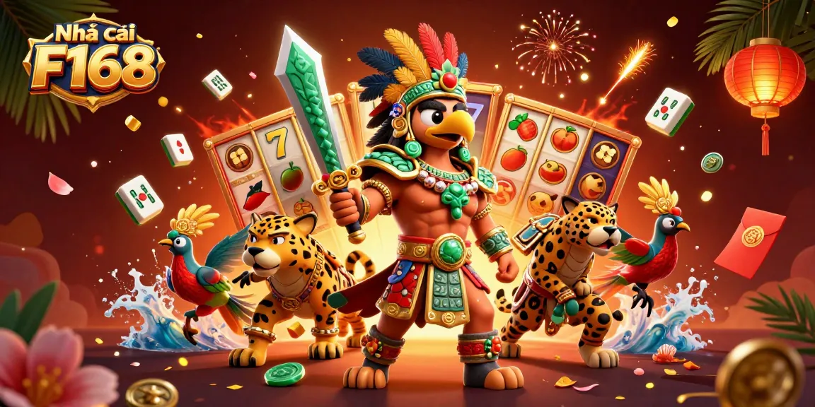 Dynamic betting scene showcasing Nhà cái F168 with Aztec warriors and casino elements, celebrating thrilling gameplay.