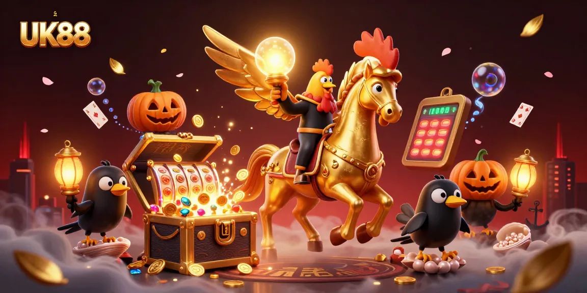 Experience the thrill of UK88 with a vibrant casino scene featuring a golden rooster and interactive gaming elements.