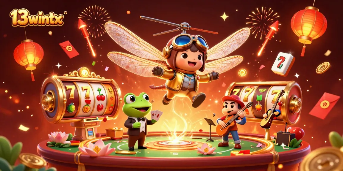 Experience excitement at 13wintx as the frog croupier deals cards in a vibrant casino scene.