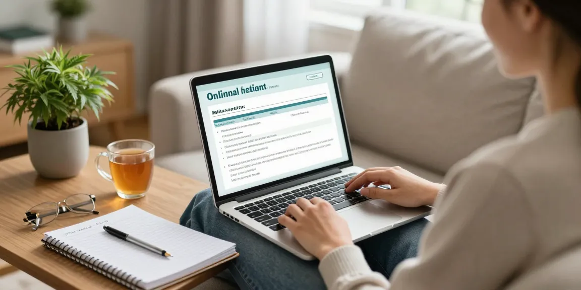Cannabis online bestellen - Bequemes Ausfüllen eines medizinischen Fragebogens zur Verschreibung von Cannabis in einem gemütlichen Zuhause.