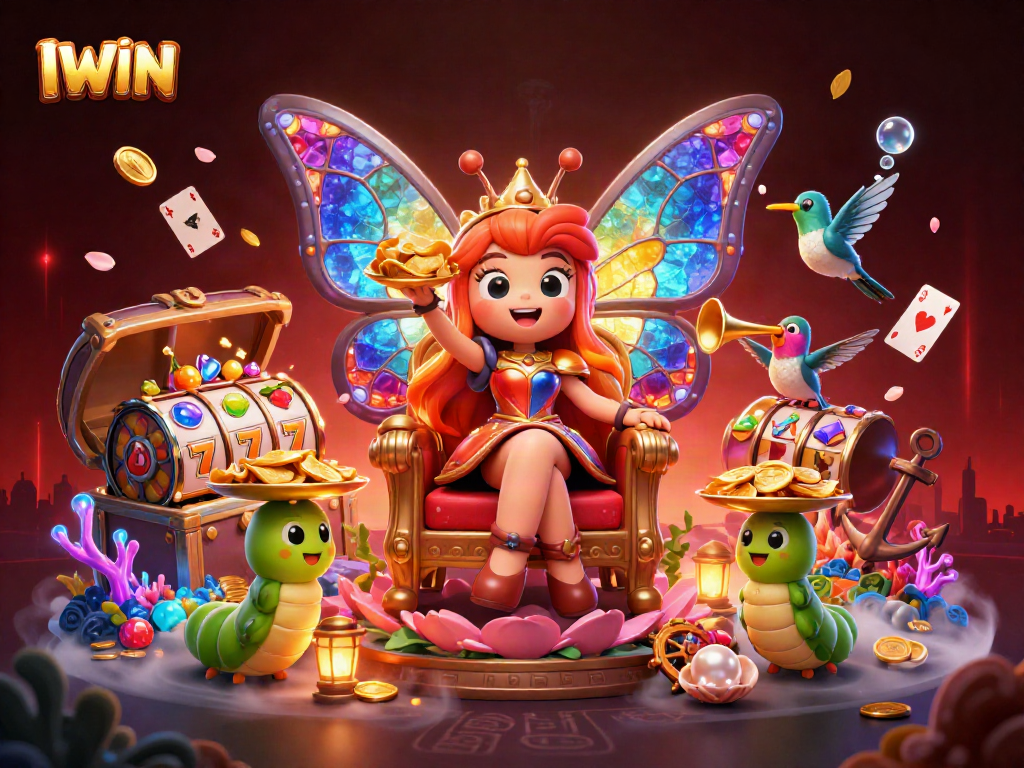 IWIN captivates players with thrilling slot reels and vibrant casino elements in an enchanting scene.