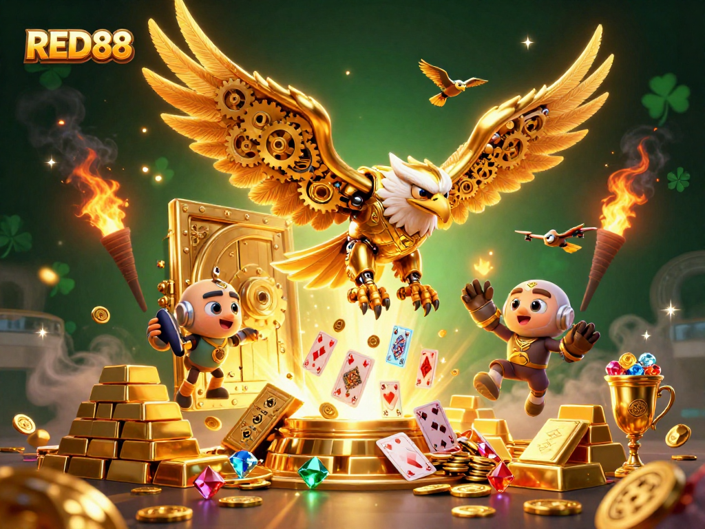 Experience the excitement at RED88 with a vibrant scene of a diving cybernetic eagle amid shimmering casino treasures.