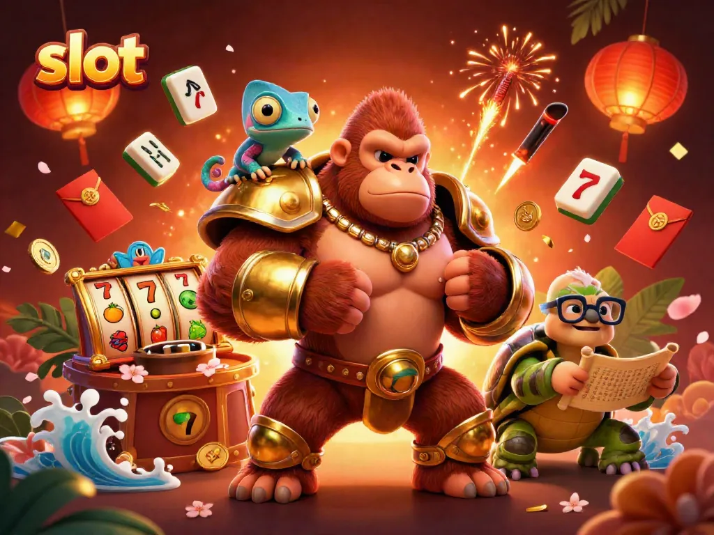 Experience thrilling gameplay with dynamic slot reels and a powerful gorilla character in an exciting casino scene.