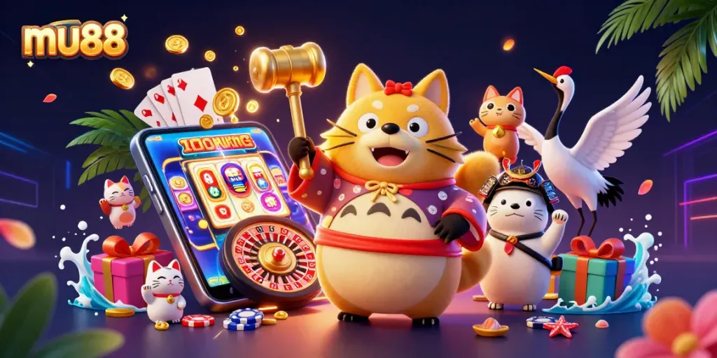 Spin thrilling slots at mu88 with a lucky tanuki and vibrant casino elements!