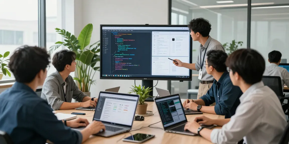 Team arbeitet zusammen, um in einem modernen Büro eine Webanwendung zu beauftragen