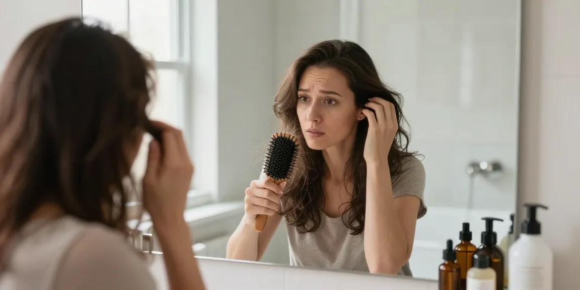 Woman addressing frauen haarausfall in her bathroom, examining hair thinning with concern.