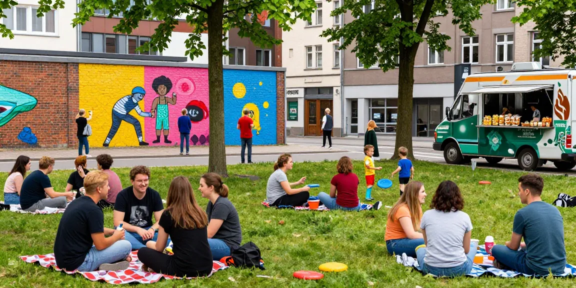 Vibrant community gathering in Bochum, showcasing laughter and joy among friends and children in a park setting.