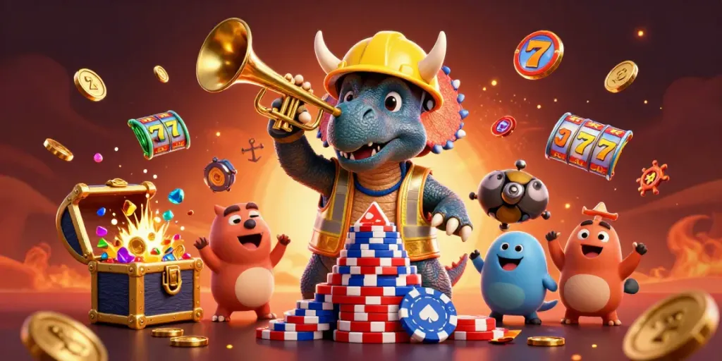 hitclub79 showcases a vibrant 3D illustration of a triceratops and parasaurolophus celebrating amidst casino elements.