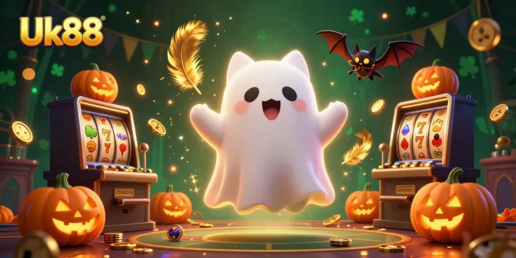 Enjoy thrilling slots and casino action with Uk88's vibrant 3D gaming illustration, featuring friendly ghost characters.
