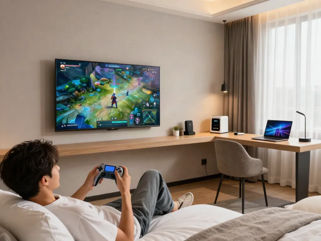 rokok88 modern hotel room with cozy gaming setup and stylish decor