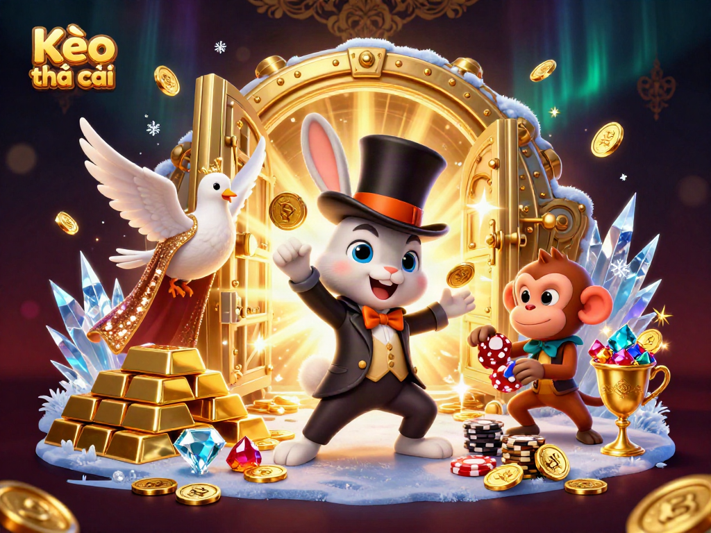 Kèo nhà cái showcasing a dynamic 3D casino scene with a magician rabbit, dove, and playful monkey among golden treasures.