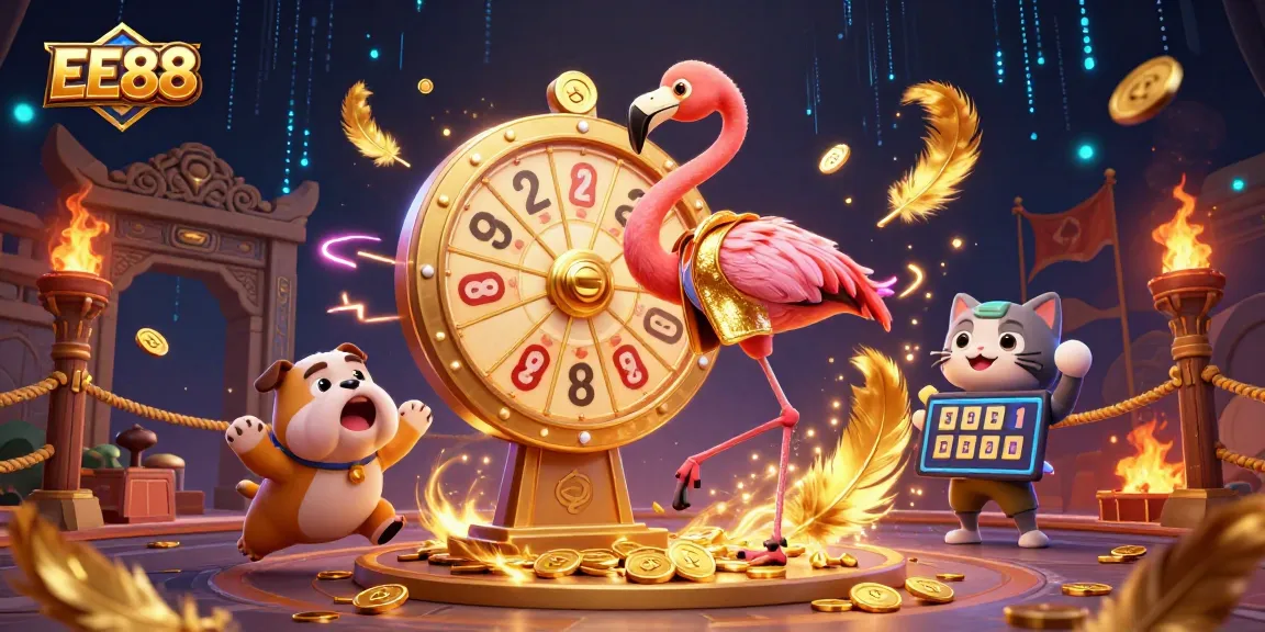 Spin the giant prize wheel for rewards at EE88 with dynamic characters in a rich casino scene.
