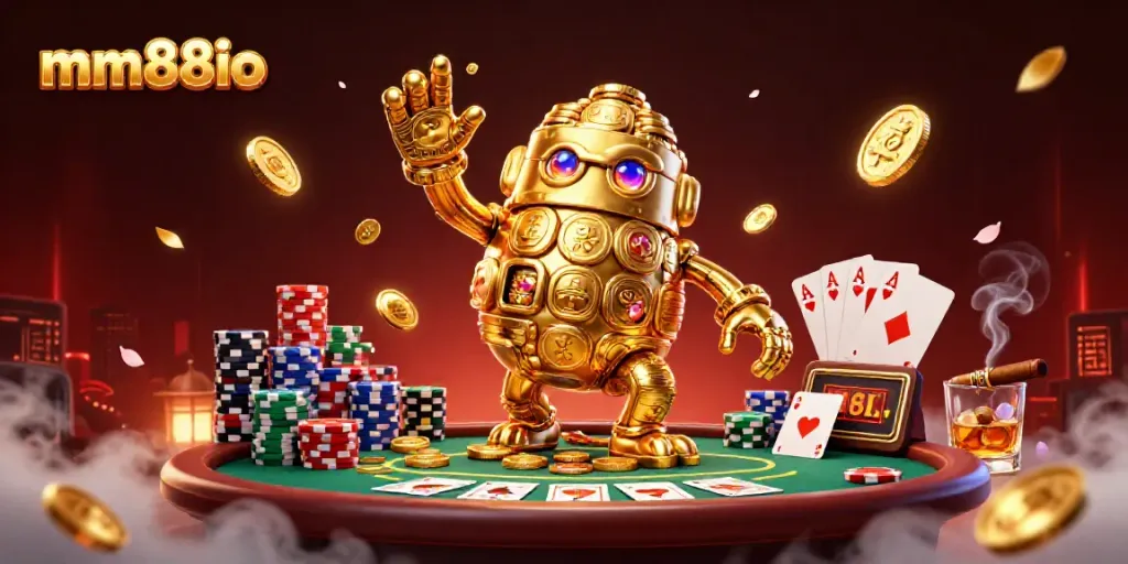 Experience exhilarating games at mm88io with a vibrant ancient golden golem surrounded by poker elements.