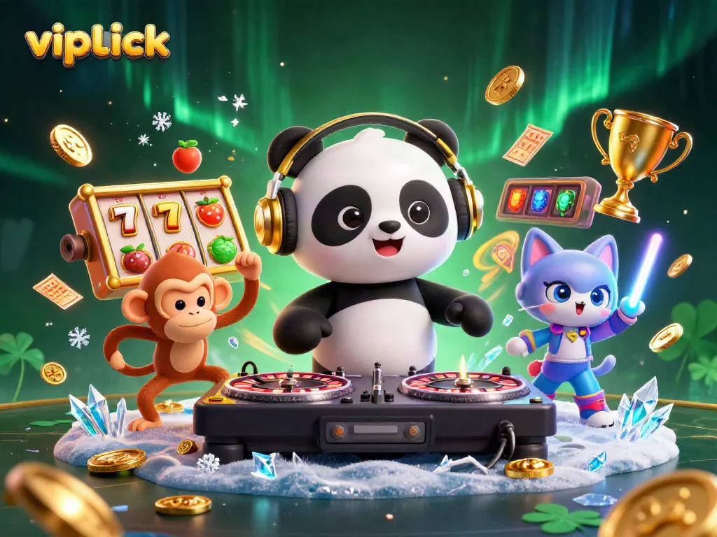 Spin to win at vipluck with a DJ panda and slot reels in an electrifying casino scene