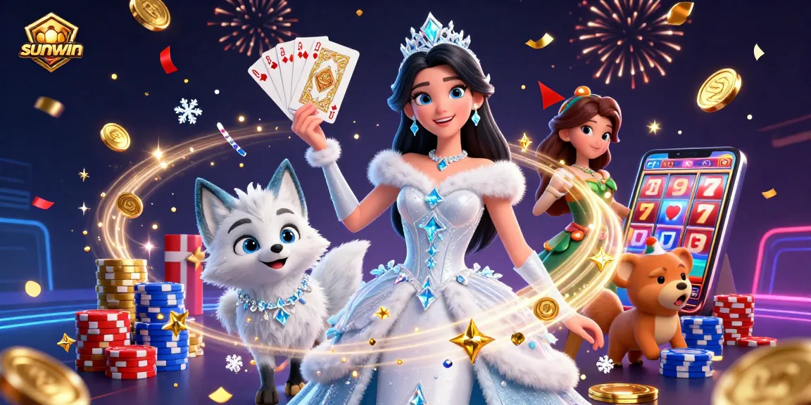 Experience thrilling gameplay at Sunwin Casino with dynamic slot reels, an elegant ice queen, and festive elements.