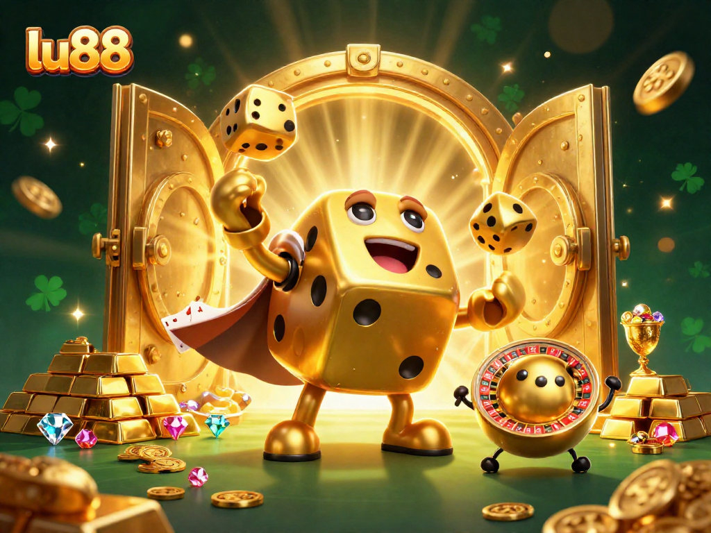 Experience the thrilling adventure of lu88 with vibrant golden dice, gems, and casino treasures.