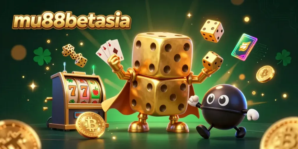 Experience the excitement at mu88betasia with a golden dice golem juggling winnings and vibrant slot elements.