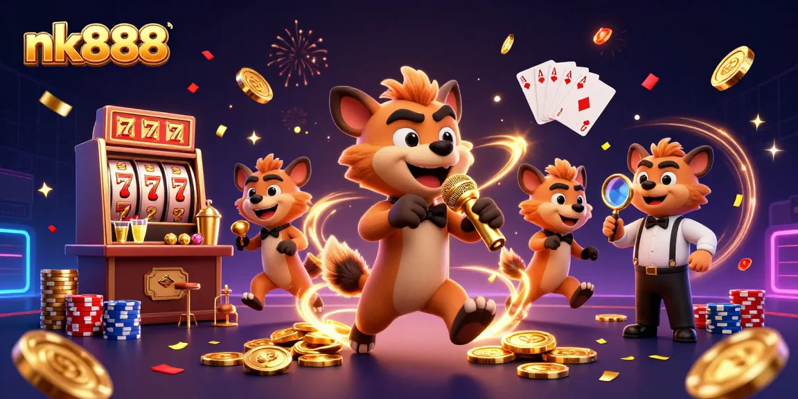 nk888 casino hyenas celebrating with gold coins, showcasing vibrant gaming action