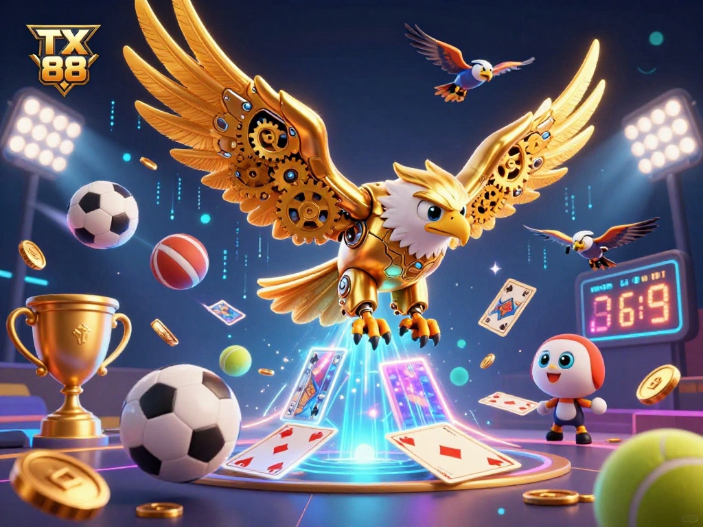 Experience thrilling gaming at TX 88 with a vibrant 3D illustration of excitement in action!