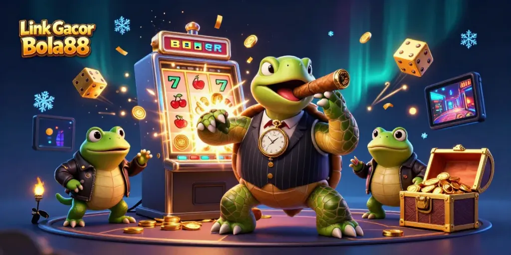 Experience the thrill of Link Gacor Bola88 with a 3D snapping turtle in a casino scene full of action and jackpots.
