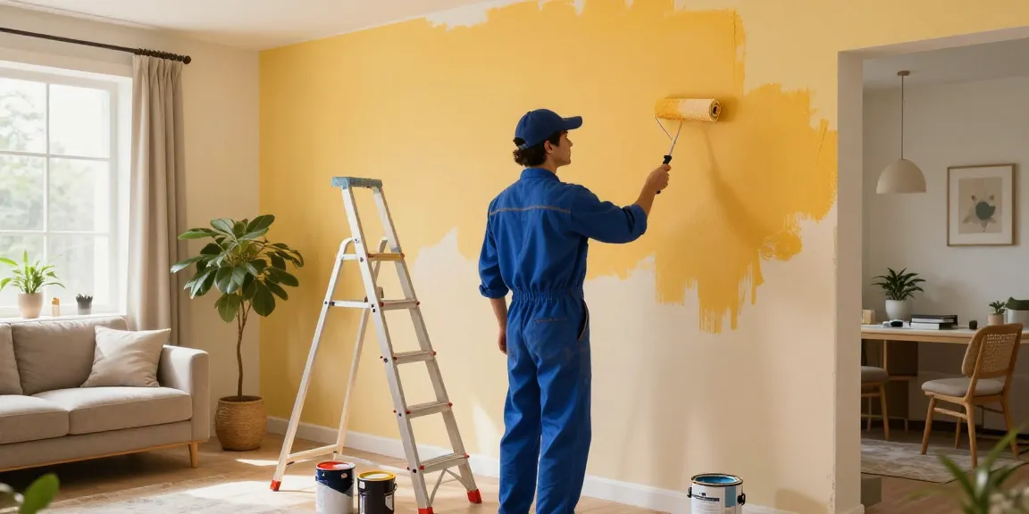 Maler Heidelberg Günstig: Professioneller Maler in modernem Wohnzimmer während der Renovierungsarbeiten.