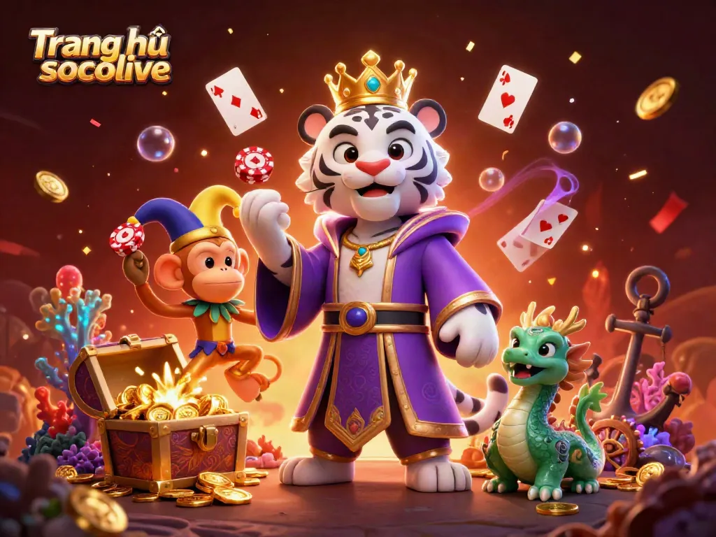 Engaging illustration of Trang chủ socolive featuring a royal white tiger, playful monkey, and a jade dragon amidst vibrant gambling elements.