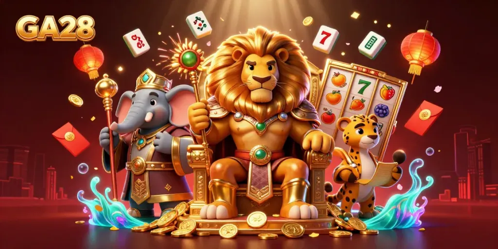 Experience the excitement of GA28 with a colorful casino scene including characters and slot games.