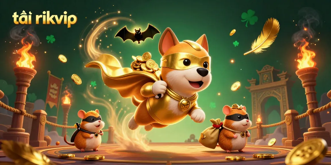 Fly into fun with tải rikvip, featuring a heroic dog and hamster in an action-packed gambling scene.