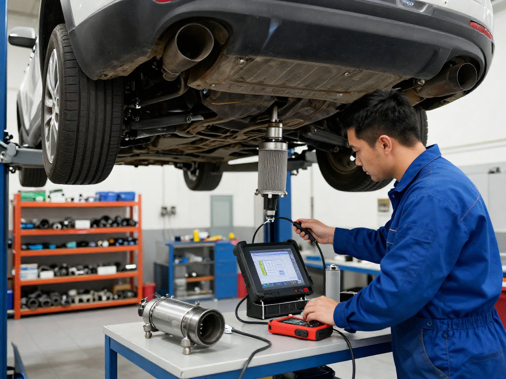 DPF Reinigung Hannover: Mechaniker überprüft abgasrelevante Teile in einer modernen Werkstatt.