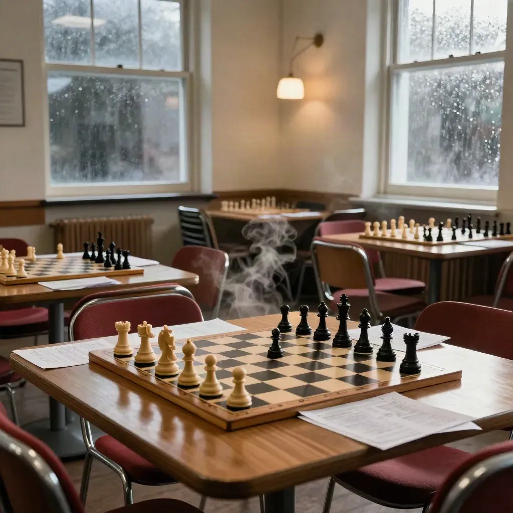 Schachsaal mit Brettern, Stühlen und Regenlicht an den Fenstern