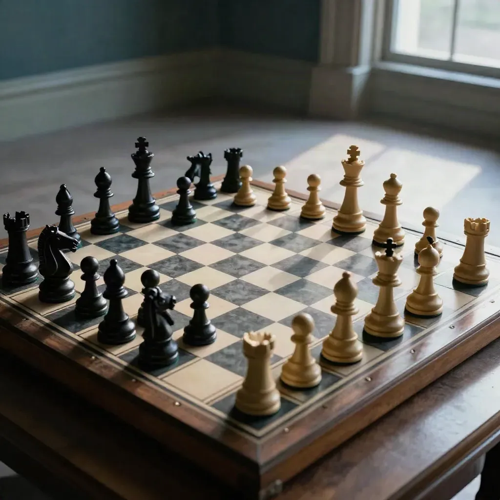 Schachbrett im Königsindisch mit Fianchetto und Abendlicht vor hohen Fenstern.