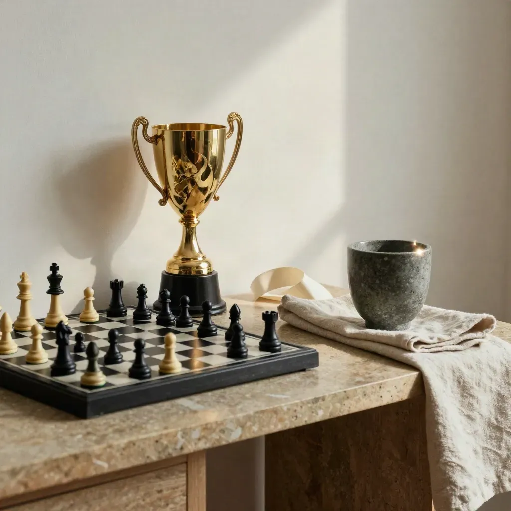 Polierter Pokal, Reiseschachset und Tasse auf hellem Sideboard im Turniernachklang.