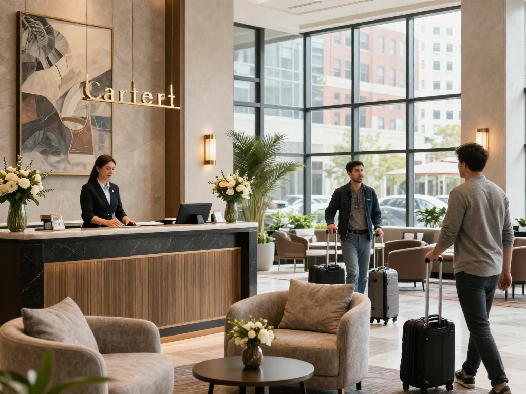 rokok88 showcases the inviting lobby of Carter Hotel with guests checking in and a warm atmosphere.
