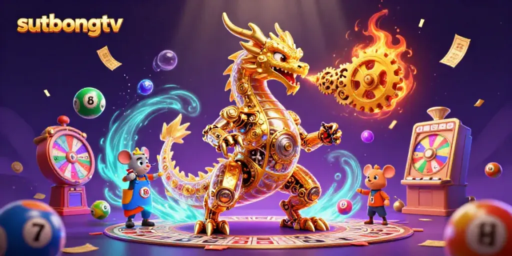 Experience the excitement of sutbongtv with a dynamic casino scene featuring a golden dragon and lottery elements.