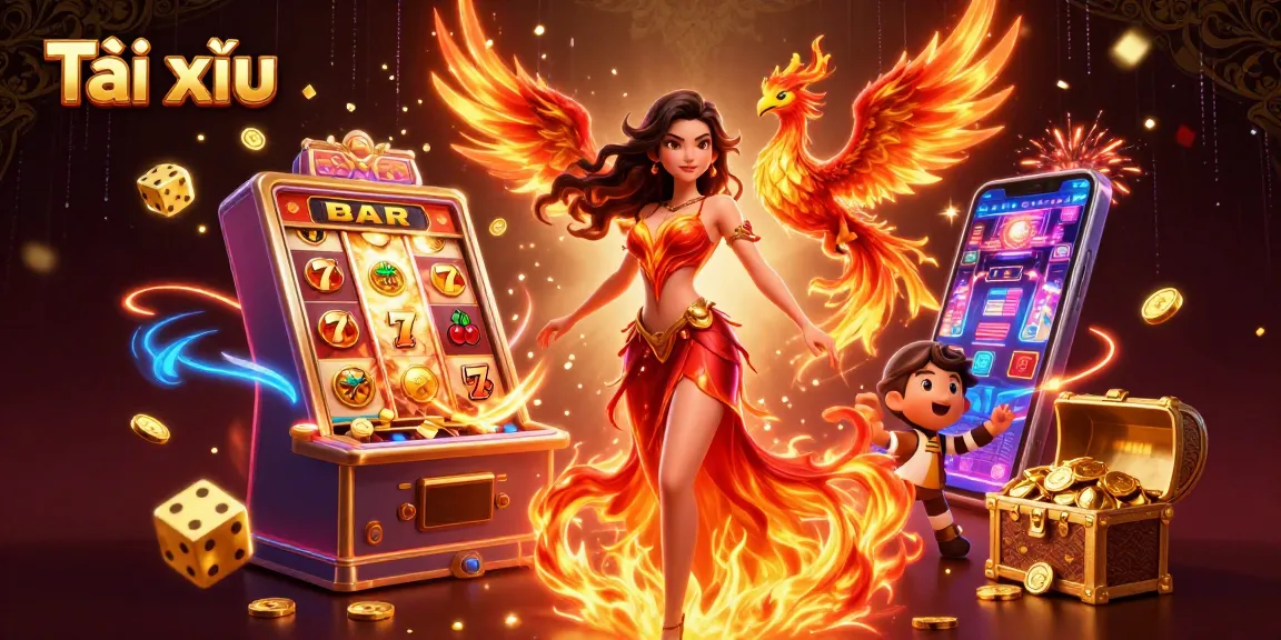 Engage in Tài xỉu with a stunning illustration of a fiery character and vibrant casino elements.