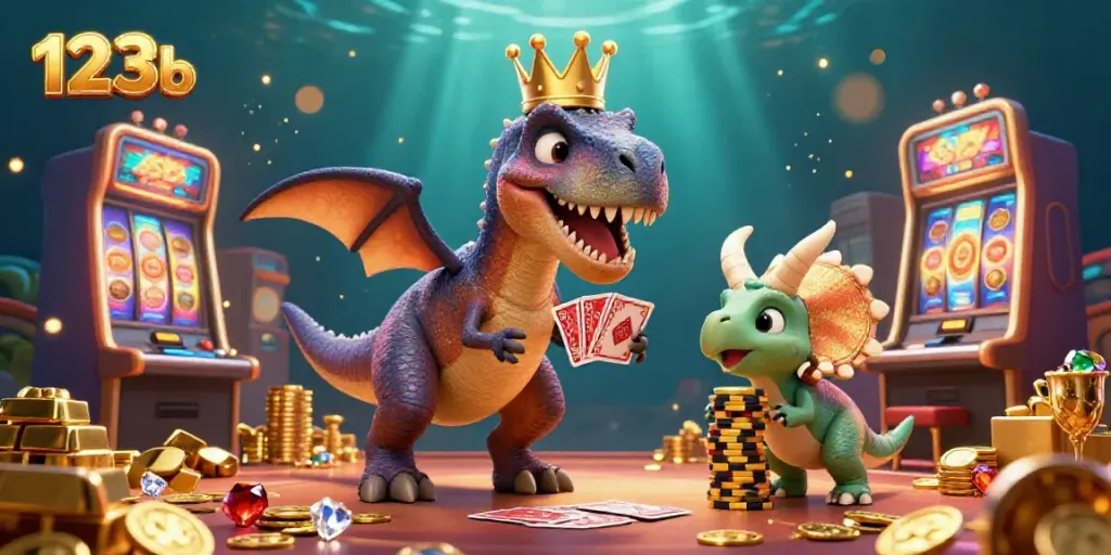 Engage in the excitement of 123b casino games with T-Rex shuffling cards and vibrant slot machines.