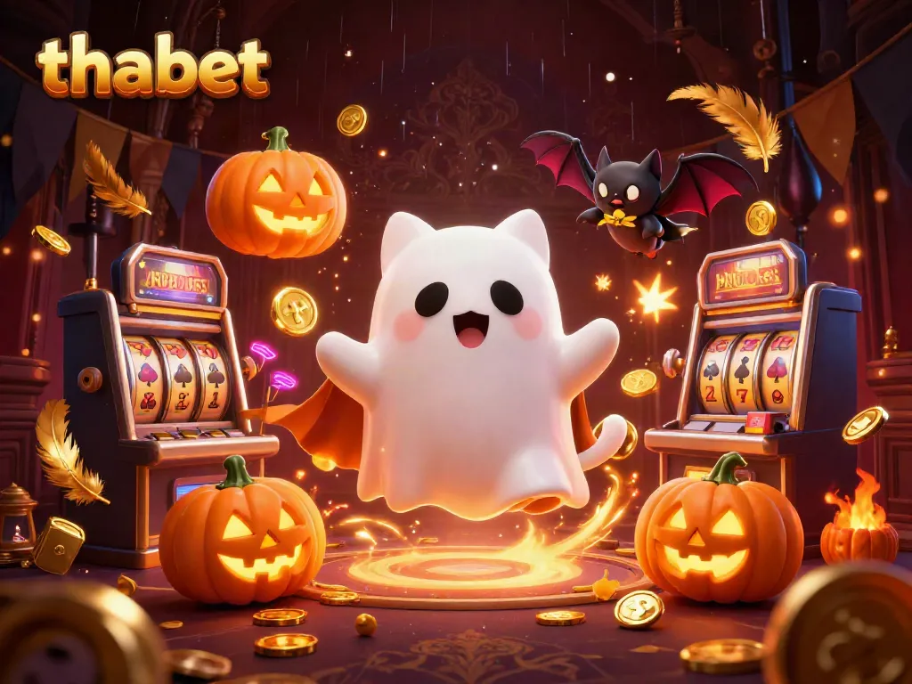 Engage with thabet’s thrilling casino scene featuring a friendly ghost cat, vampire bat, and glowing jack-o-lanterns.