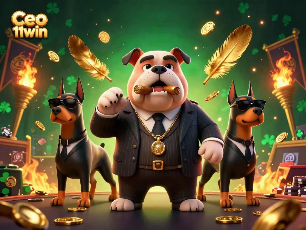 Ceo 11win celebrates gambling success with a dynamic casino scene featuring a mafia boss and bodyguards.